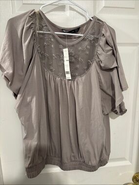 Lace Yoke Puff Sleeve Blouse - Taupe